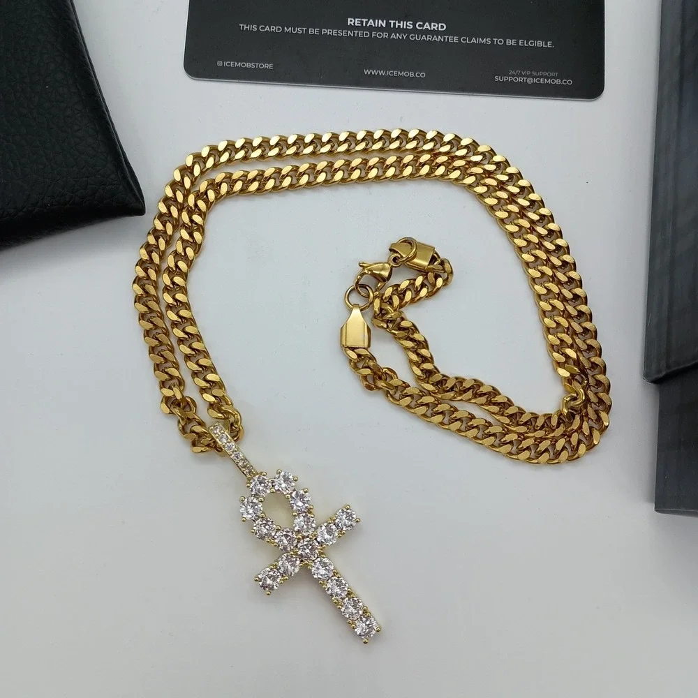 Ice‎ Mob Gold-Tone Cuban Link Chain 20 Inch Iced Out Ankh Cross Pendant Necklace